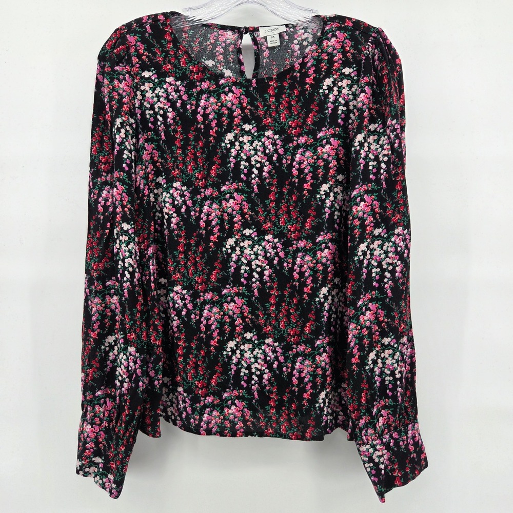 J. Crew‎ Top Medium Black Dark Floral Puff Sleeve Office Work